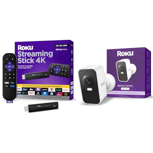 Roku Streaming Stick 4K HDR & Dolby Vision Streaming Device with Voice Remote + Roku 1080p HD Battery Camera with Two-Way Audio & Motion Detection