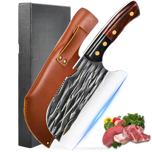 ANLJNCC Serbian Chef Knife with Sheath, Professional Meat Cleaver Knife Full Tang Handle, High Carbon Steel Meat Cutting Chopping Knife, Hand Forged Butcher Knife for Kitchen Camping BBQ Gift