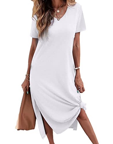 Image of Dyexces Women Summer T Shirt Dress Casual Short Sleeve V Neck Maxi Dresses Loose Side Slit Long Tshirt Dress with Pockets