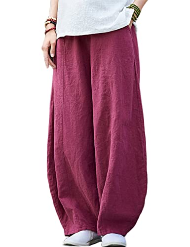 Pantalon large en lin et coton noble rouge vin taille S avec poches