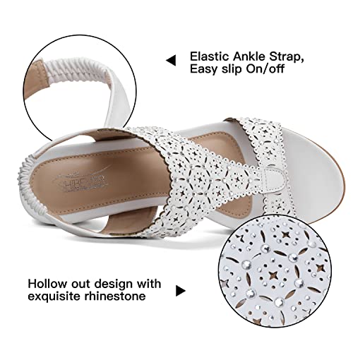 Shibever Womens Wedge Sandals Elastic Ankle Strap Open Toe Platform Sandals Rhinestone Hollow Out Summer Shoes White 8.5 #TOP4