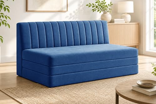 Image of 3-Seater Foldable Floor Sofa Bed with, Modern Velvet Fabric Folding Couch for Living Room, Guest Room & Small Spaces-Blue