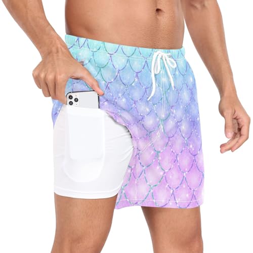 Mermaid Mens Swim Trunks with Compression Liner 4.7" Inseam Quick Dry Bathing Suit Swimming Shorts（85）4