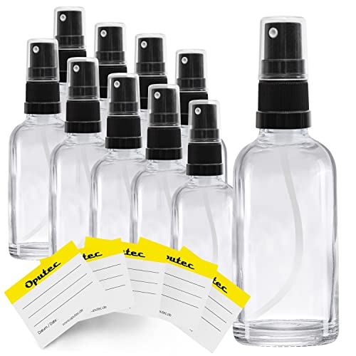 Oputec Lot de 10 flacons vaporisateurs en verre de 30 ml avec vaporisateur + 10 étiquettes inscriptibles - Bouteilles en verre transparent avec tête de pulvérisation fine - Petit flacon pulvérisateur Cover