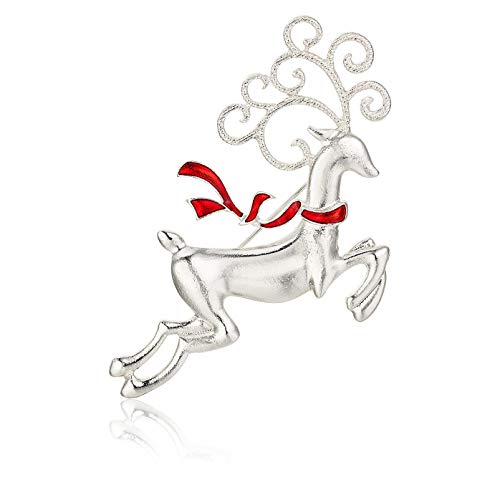 RareLove Cute Christmas Reindeer in Red Scarf Xmas Pins and Brooches Silver Plated Alloy Holiday Jewelry For Women