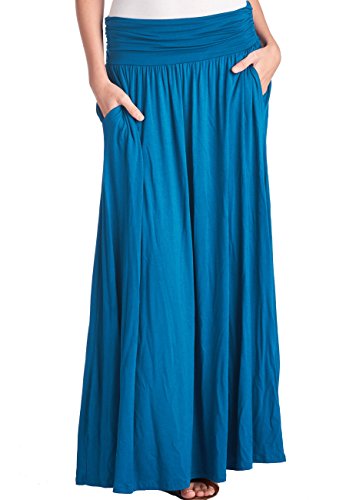 TRENDY UNITED Women's High Waist Fold Over Shirring Maxi Skirt with Pockets ,Teal-maxi,Large