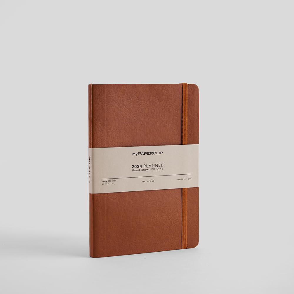 myPAPERCLIP 2024 Weekly Planner, Section Thread Bound, Hand Drawn PU Back, A5 (148 x 210 mm, 5.83 x 8.27 in), 2024-Weekly_Planner-R2_Tan