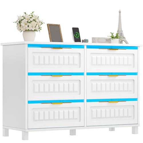 DWVO 6-Drawer Dresser for Room, White Wood Dresser with Charging Station and LED RGB Light, Chest of Drawers Storage Organizer TV Stand for 60'' TV for Room, Living Room, Closet, Entryway