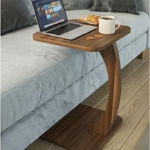 Image of Modern C-Shaped Side Table for Sofa & Bed - Multi-Purpose Laptop Table, Snack Holder, Book & Plant Stand - Compact & Sturdy Bedside Table (Natural)
