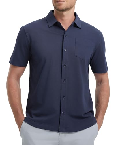 M MAELREG Mens Button Down Short Sleeve Shirt Lightweight Pique Collared Shirts for Men Summer Shirts with Pocket Navy