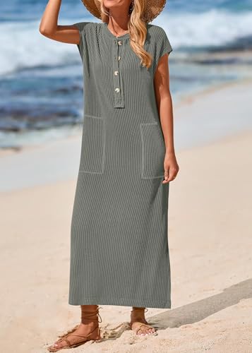 Image of KIRUNDO Womens Summer Ribbed Knit Short Sleeve Maxi Dress | 2026 Spring Henley Button Up Knitted Tshirt Dress, Loose Beach Vacation Sundress, Teacher Dress, Loose Fit Nursing Friendly