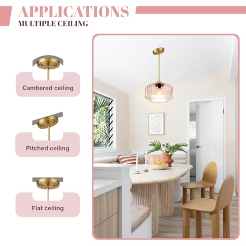 Image of Pendant Lights Gold Kitchen Island Pendant Light Fixtures 1 Light with Amber Glass Shade, Large Glass Chandelier Hanging Lights for Bedroom Living Dining Room (Pink)
