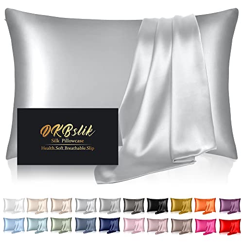 Silk Pillowcase for Hair and Skin, Mulberry Silk Pillow Cases King Size, Anti Acne Cooling Sleep Both Sides Natural Silk Satin Pillow Case Covers with Hidden Zipper, Gifts for Women, Silver Grey