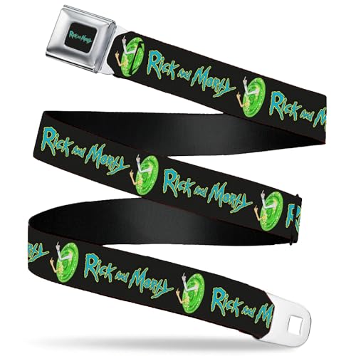 Rick and Morty Belt Seatbelt Buckle Belt Rick and Morty Title Logo and Middle Finger Portal Jump Black 30 to 44 Inches