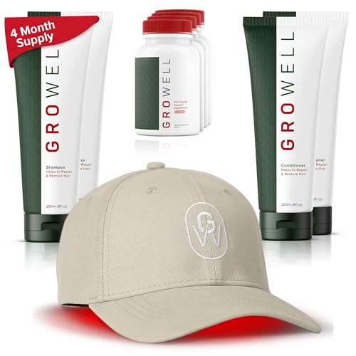 Apira Science Ultimate Hair Regrowth System for Women – GroWell FDA‑Cleared Red Light Therapy Laser Cap with 4‑Month Growth Kit Including Shampoo, Conditioner & Supplements for Denser, Fuller Hair