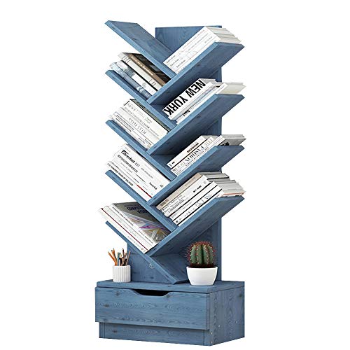 Estantería de madera con forma de árbol de 10 niveles con cajones, fácil de montar, estante de almacenamiento creativo para sala de estar y oficina, color azul