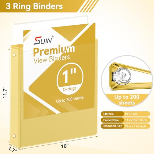 Image of SUIN 1 Inch 3 Ring Binder, Clear 1'' View Presentation Binders with 2 Pockets, Fits 8.5 x 11 Letter Size, Durable Polypropylene, Non-Stick & PVC-Free for School, Office & Home (Yellow)