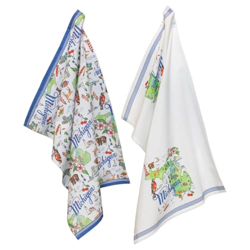Boston International Tea Towels Rosanne Beck State Collection Set of 2 Soft & Absorbent Reusable Cotton Dish Cloths, 28" x 18", Michigan