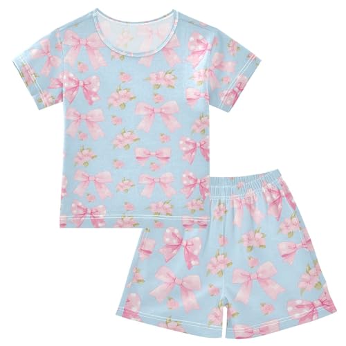 ALAZA Blue Bow Flower Floral Pajamas Set Short Sleeve Cotton Sleepwear Summer Pjs 2 Piece 5-14Y