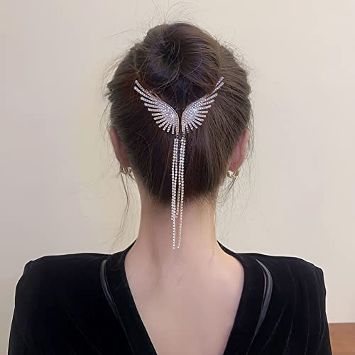 FRCOLOR Gold Hair Accessories Rhinestone Ponytail Buckle Hairpin 2pcs Pearl Hair Claw Clips with Tassel Angel Wings Bun Cover Glitter Diamond Ponytail Holder for Thick Hair Pearl Hair Clip - Image 2