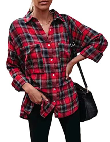 Megfie Camisa de franela a cuadros de franela suave con botones para mujer, de manga larga, enrollable, a cuadros, para mujer, Rojo -, XL