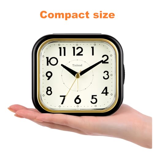 Image of Tinload 4.3 inch Vintage Retro Analog Alarm Clock, Super Silent Non Ticking Clock with Manual Light, Snooze, Battery Operated, Simply Design, for Living Room, Bedroom, Bedside, Desk(Black-V2)