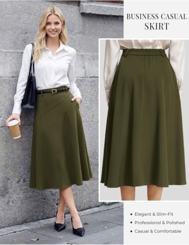 Image of Women's Business Casual Midi Skirt, High Waist Flowy Skirts with Pockets | Flowy, Work, Basic, Elegant, Teacher, Formal, Office, Funeral, Church, Fashion, Outfits, Clothing