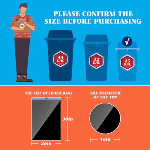 Image of Teivio 15 Gallon 60 Counts Strong Tall Kitchen Drawstring Trash Bags, Medium Plastic Garbage Bags for Home Kitchen Garden Office Tall Trash Can, Black Waste Bin Liners