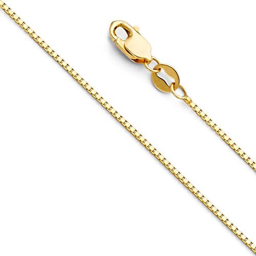The World Jewelry Center 14k Real Yellow Gold Solid 0.9mm Box Link Chain Necklace with Lobster Claw Clasp - 16"
