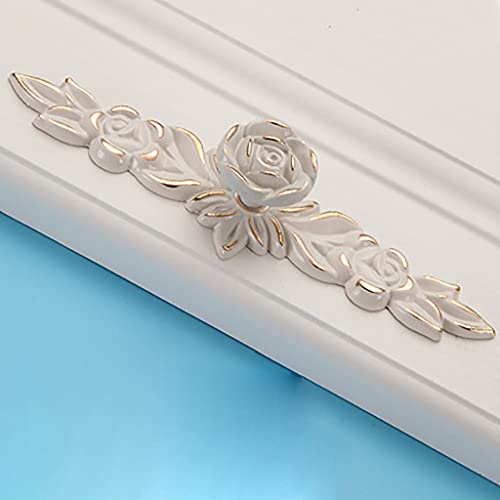 Esreake 6 Pack European Style Rose Cabinet Knobs With Backplate, 6.6" Vintage Kitchen Zinc Alloy Flower Drawer Pull Handle For Dresser Vanity Nightstand Cupboard Ivory White & Gold Edge(6 Pack, 6.6") #TOP2