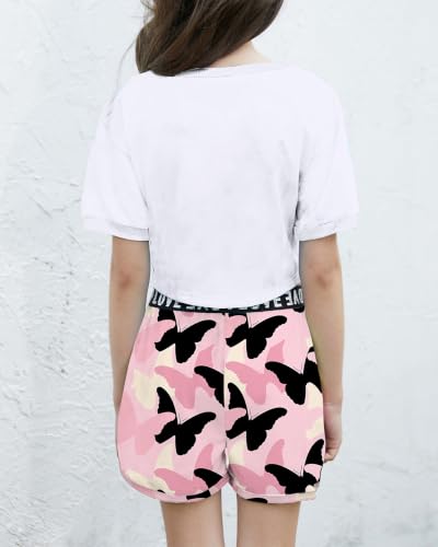 Image of Betusline Girls Summer 2 Piece Outfits,Kids Short Sleeve Crop Top & Shorts Set with Side Pockets