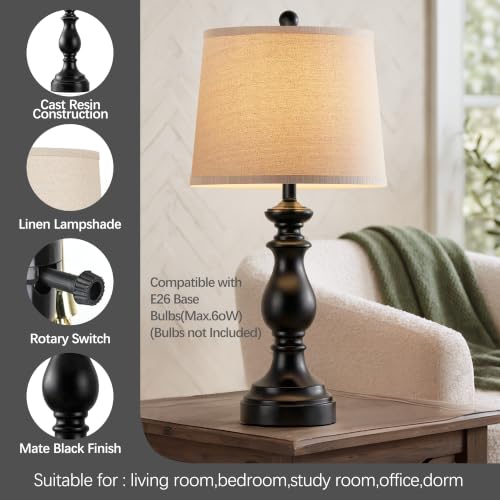 Image of PARTPHONER Traditional Table Lamp Set of 2, Rustic Farmhouse Table Lamps for Living Room Bedroom, 27 inch Bedside Desk Lamps Vintage Nightstand Lamps with Linen Shades, Matte Black