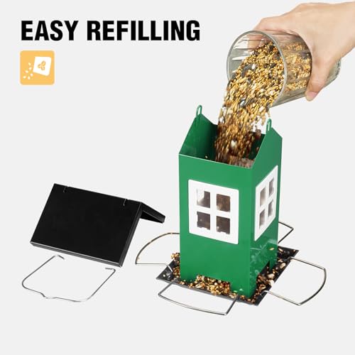 Veehoo Bird House Feeders for Outdoors Hanging-Metal Wild Bird House Feeders with 4 Ports, Country House Design, Garden Yard Decor Weatherproof Hanging Bird Feeder for Outside, Green