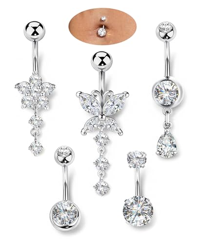 ORAZIO 5 Pièces Piercing Nombril Acier Chirurgical Argent Femme 10MM Percing Au Nombril Argent Hypoallergénique Zircon Fleurs Papillon Piercing Nombril...