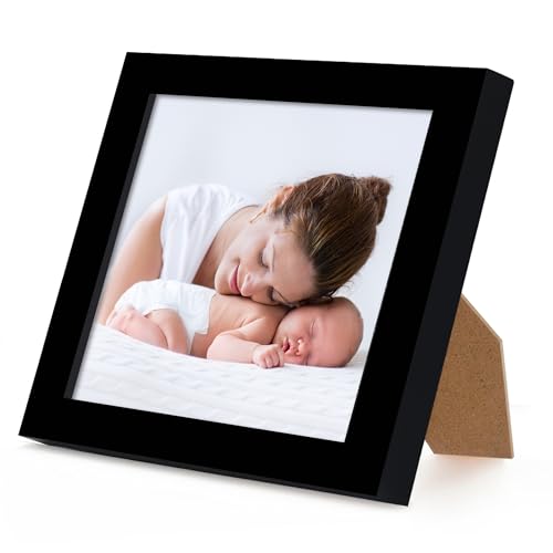 Americanflat 3x3 Picture Frame with Polished Crystal-Clear Glass - Streamline Collection - Thin Border Square Frame for Tabletop Display - Easel Stand Included - Black