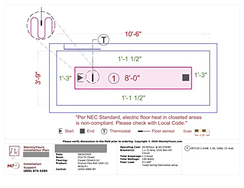Electric Radiant Floor Heating for Carpet, Laminate and Floating Wood Floors - 12 sq.ft. Cut-and-Turn for Custom Fit – Ultra-Thin Heated Mat - WarmlyYours Environ 1.5 x 8 ft., 120V, 12 Watts/sq.ft.