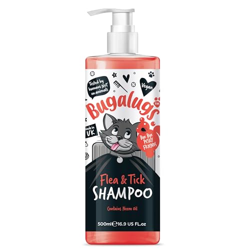 Flea and Tick Cat Shampoo by Bugalugs 500ml Deep Cleansing for Cats for Fleas Ticks & Mites contains Neem Oil PH Balanced Vegan (500ml Flea Shampoo)