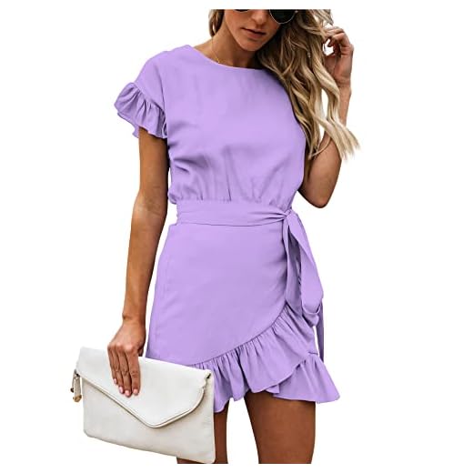 Relipop Women's Dress Solid Fishtail Short Sleeve Wrap Ruffle Hem Mini Short Dresses Purple