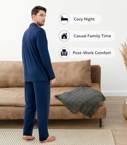 Image of DAVID ARCHY Mens Pajamas Set Ultra-Soft Sleepwear Classic Notched Collar Top & Bottoms Loungewear with Pockets