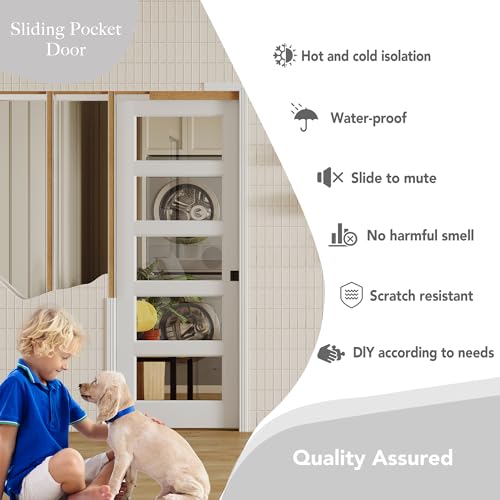 Image of Sliding Pocket Door with Lock, 30 inch x 80 inch, 5-Lite Clear Tempered Glass Pocket Doors with Frame and Hardware Kit Set, Interior Door Slab, White Primed - No Panel Assembly Required