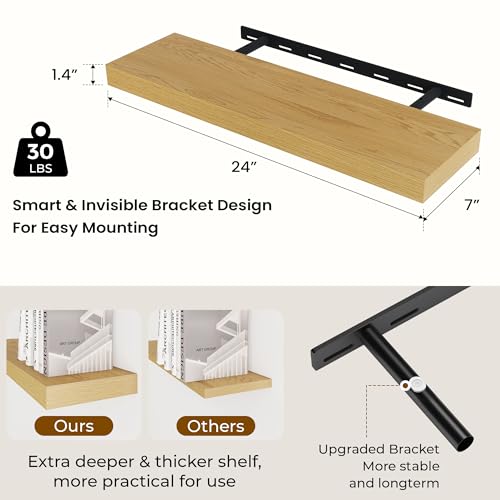 Dreamland 24 inch Floating Shelves for Wall Large Wall Mounted Shelves with Invisible Brackets, Oak Long Wall Shelves for Decor Storage Bathroom,Living Room,Kitchen,Office,24x6.7 inch deep Set of 2
