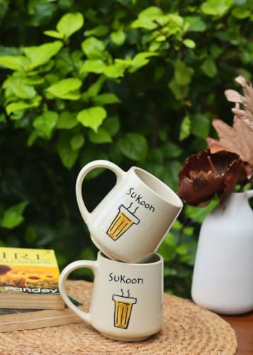 Image of WEAVING HOMES Sukoon Handmade Ceramic Cups for Tea Lovers, Quoted Coffee Mugs and Gifting Items for Men and Women (Set of 1 /300 ML)