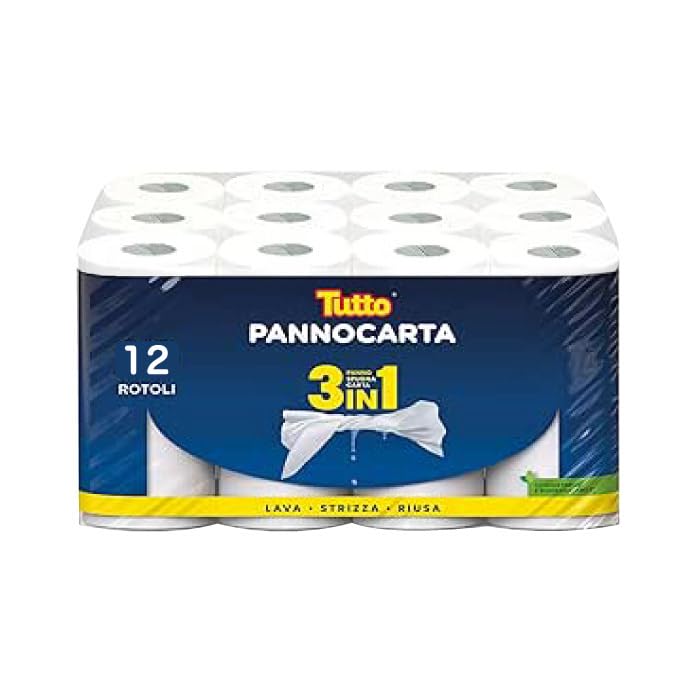 Tutto - 4 Confezioni da 3 Rotoli (12 Rotoli) di Carta da Cucina Senza Profumazione per Pulizia di Superfici e Preparazione di Alimenti