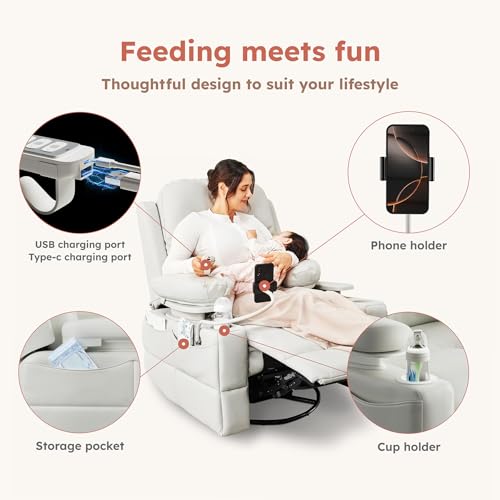 MAMAZING Lullapod Power Nursery Recliner Rocking Chair, Triple Motor Power Recliner with HugAssist Armrest, 270° Swivel Glider and Quiet Rocking Chair Nursery with Dual Charging Port and Storage - Thumbnail 7