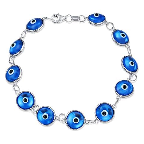 Pulsera de Mal de Ojo Translúcido de Vidrio Abalorios .925 Plata Azul 7,5 Pulgadas Cover