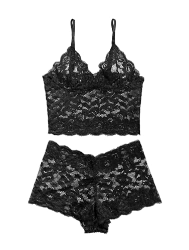Image of Lilosy Sexy Sheer Floral Lace Pajamas Lingerie Set High Waist Sleepwear Bra and Panty 2 Piece Nightwear