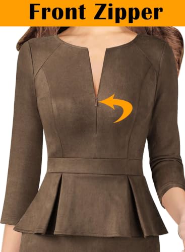 Image of VFSHOW Womens Work Business Office Front Zipper Peplum Church Sheath Dress | 3 /4 Sleeves, Elegant, Spring Fall, Church, Funeral, Slimming Fitted Bodycon Dress