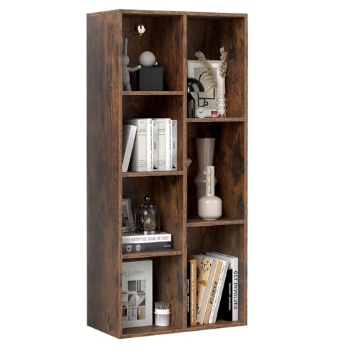 KOMFOTTEU Libreria Verticale con 8 Cubi, Mobile Contenitore in Legno, con 2 Dispositivi Antiribaltamento, Libreria Scaffale per Soggiorno, Camera da Letto, Ufficio, 49,5 x 23 x 106 cm (Marrone)
