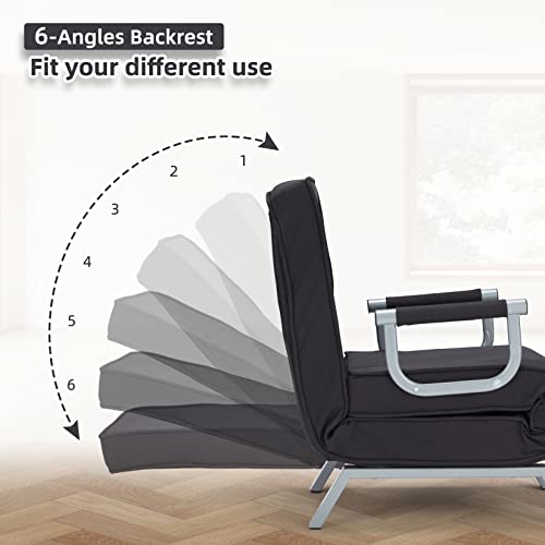 Haddockway 3-in-1 Convertible Sofa Bed Sleeper Chair with Pillow,Folding Versatile Upholstered Armchair,Adjustable Leisure Chaise with 6 Positions,Lazy Bed Lounge Recliner for Home,Office (Black)