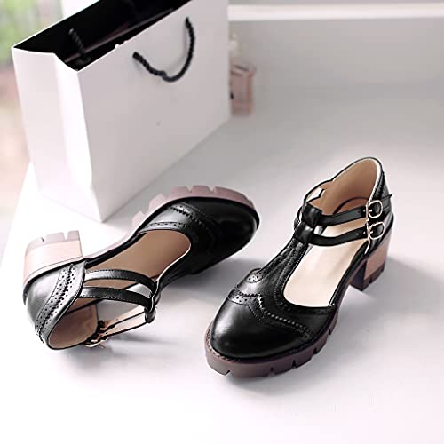 MIOKE Women's Retro T-Strap Mary Jane Pumps Round Toe Perforated Platform Block Heel Vintage Oxford Shoes3